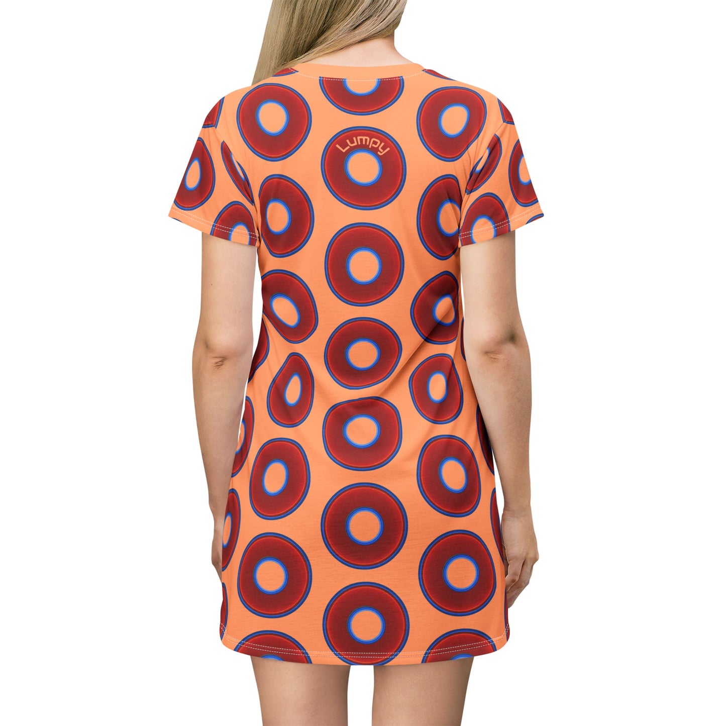 Not a Muumuu AOP Tee Shirt Dress - red vivid donuts w/peach background