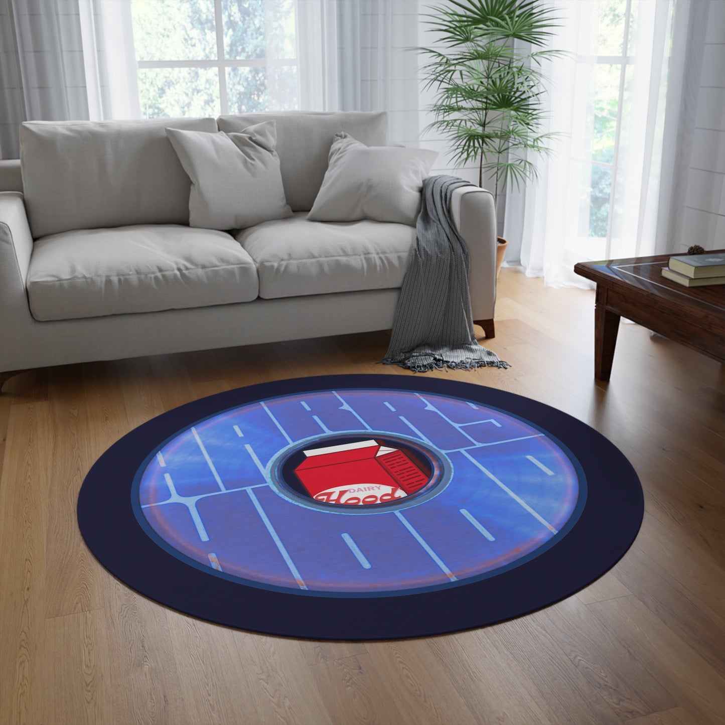Round Room - 5 ft x 5 ft Lumpy Donut Rug - "Harry's Preferred Donut Rug" - vivid blue/violet word donut w/midnight blue background - variant 3