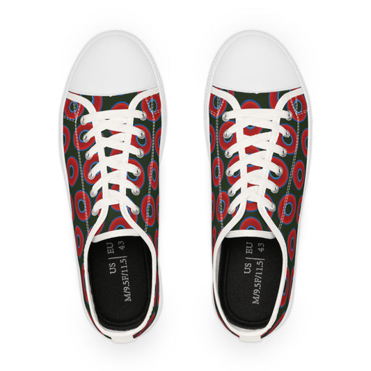 Men's - Low Top Chuck Taylors - large vivid red donut print w/deep forest green background