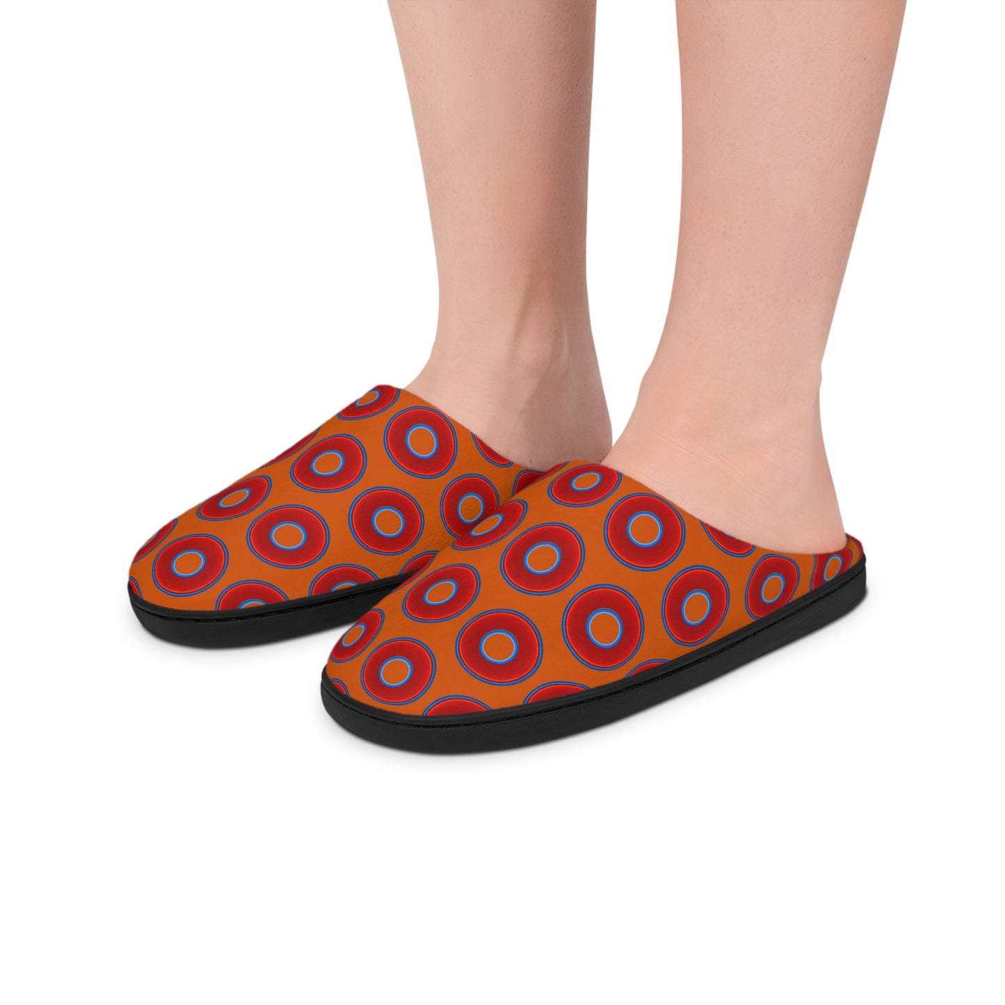 Women's Lumpy Slippers - red vivid donut print w/orange background