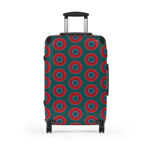 The Very Lumpy Donut Suitcase series - your choice of S, M or L - vivid red donut print w/grayish green background