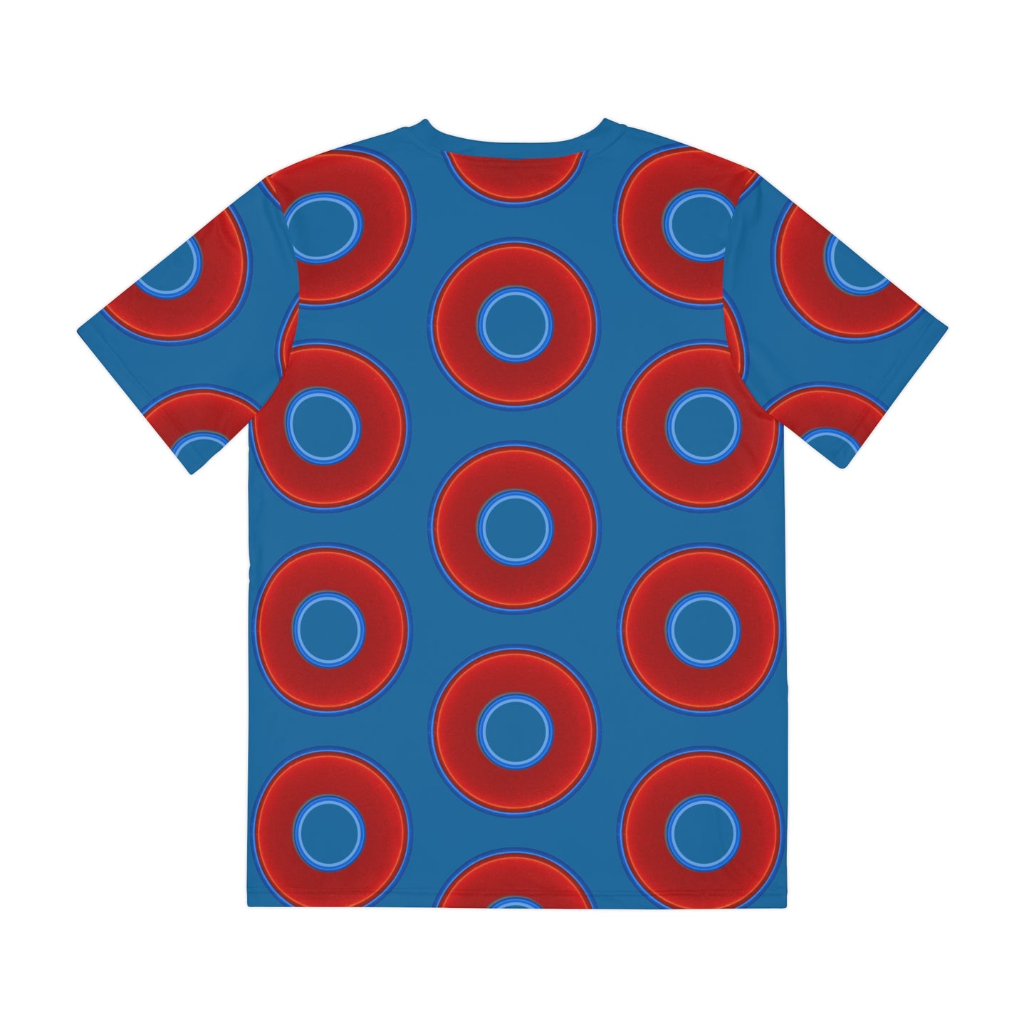 Multi-Beastie Giant Donut AOP Polyester Tee - red vivid donut print w/wavy navy blue background
