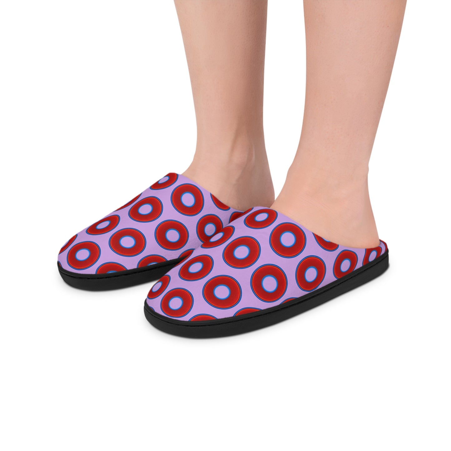 Men's Lumpy Slippers - red vivid donut print w/wisteria purple background