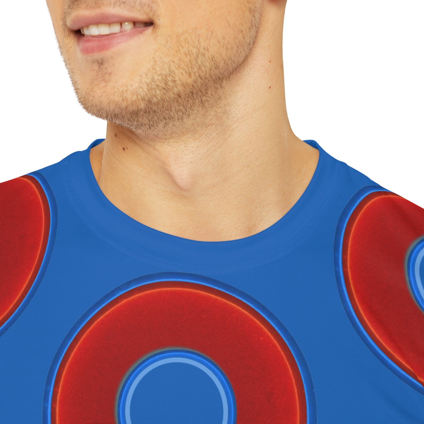 Multi-Beastie Giant Donut AOP Polyester Tee - red vivid donut print w/dark royal blue background