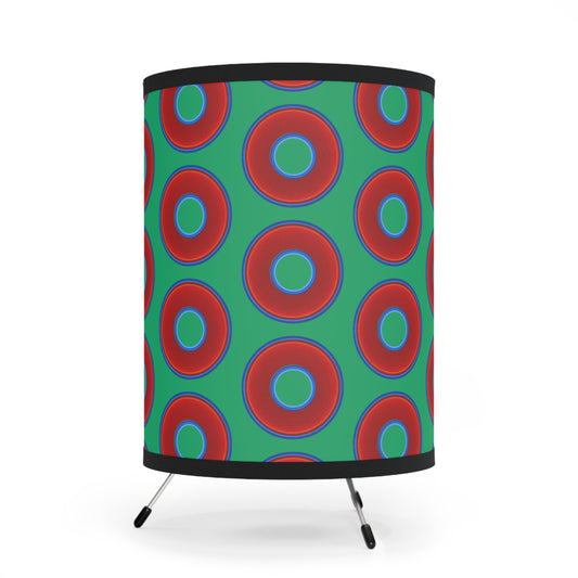 Lumpy Tripod Donut Lamp - vivid red donuts w/jade green background