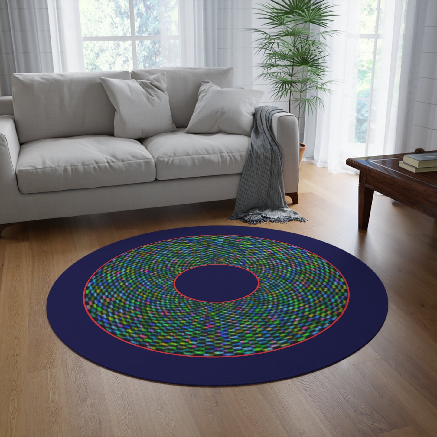 Round Room - 5 ft x 5 ft Lumpy Donut Rug - "Plain Donut" - pixilated multicolor donut w/navy background - variant 1