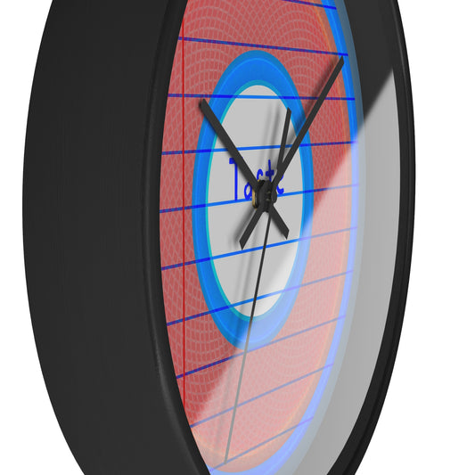 Lumpy Wall Clock - "Tasty Donut Clock" - variant 1 - rustic red donut w/lines/paper & steel blue background