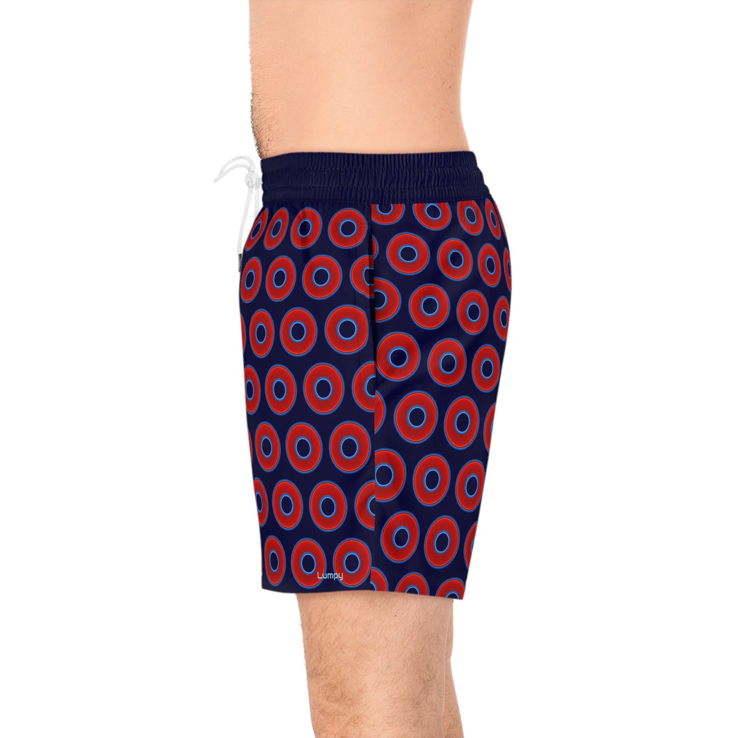 Men's Lumpy Swim Trunks - vivid red donut print w/midnight blue background