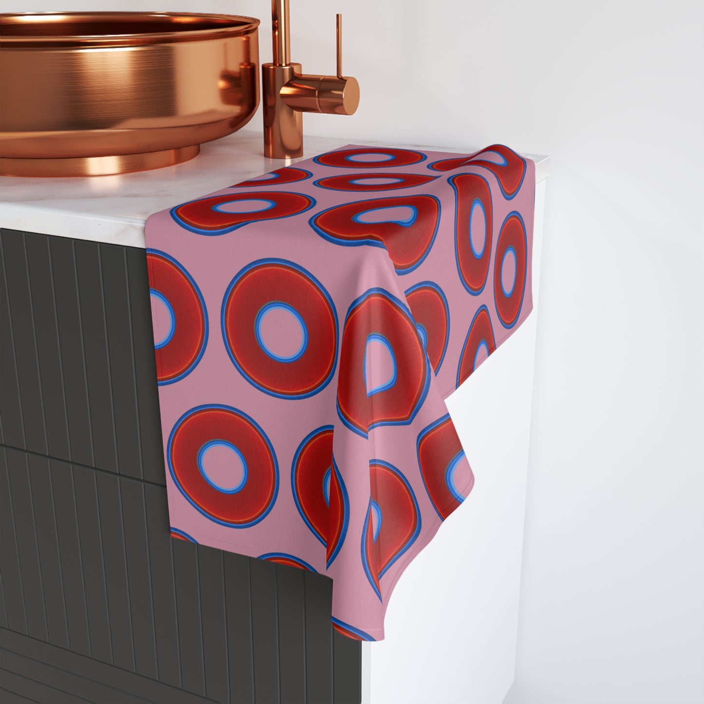 Lumpy Kitchen/Hand Towels - vivid red donuts w/pale magenta background
