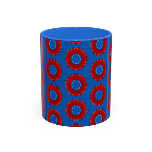 Lump's Grumpy Coffee Mug - vivid red donuts w/dark royal blue background