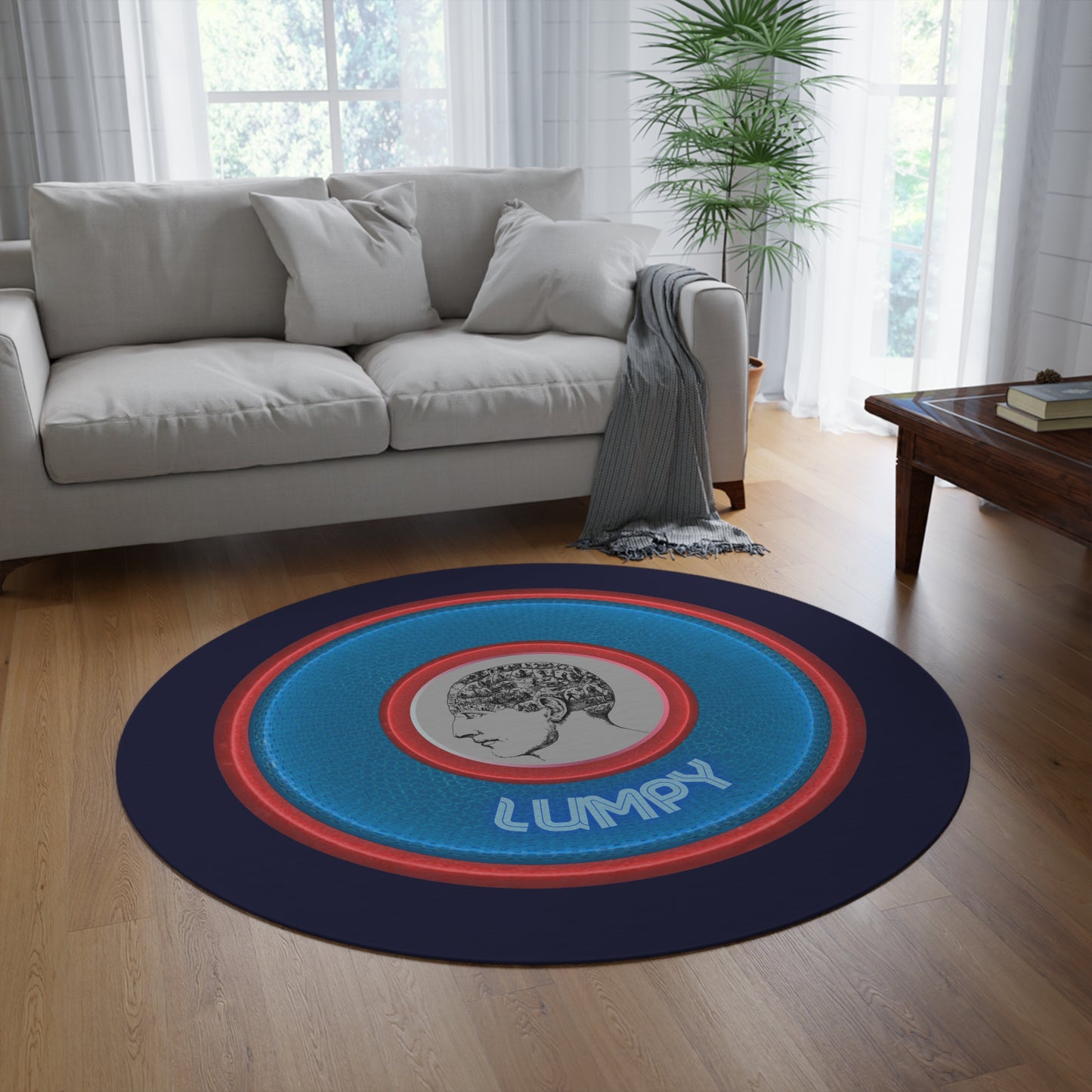 Round Room - 5 ft x 5 ft Lumpy Donut Rug - "The Lumpiest Donut Rug" - rustic blue/red donut w/dark navy background - variant 2