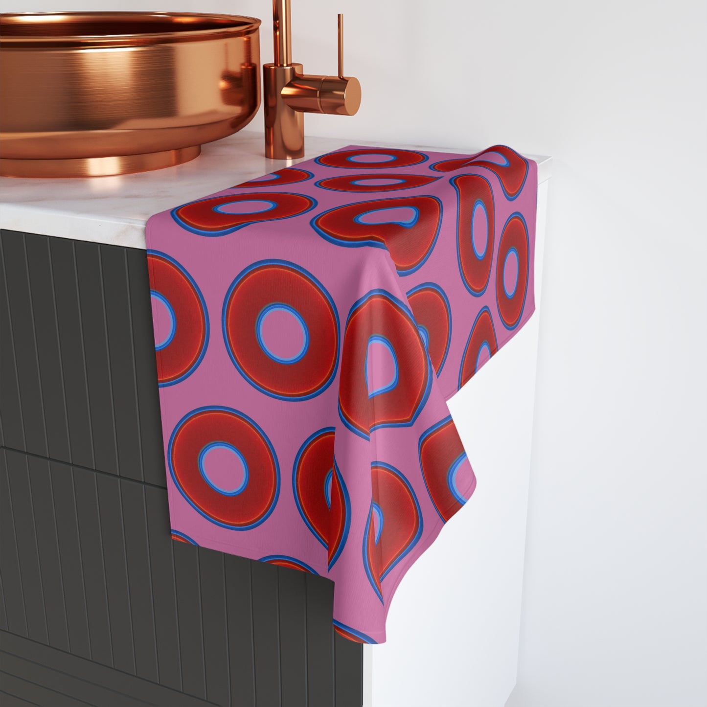 Lumpy Kitchen/Hand Towels - vivid red donuts w/pink background