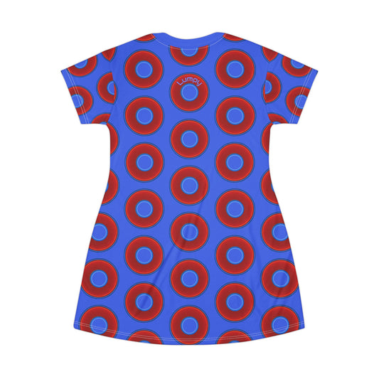 Not a Muumuu AOP Tee Shirt Dress - red vivid donuts w/royal blue background
