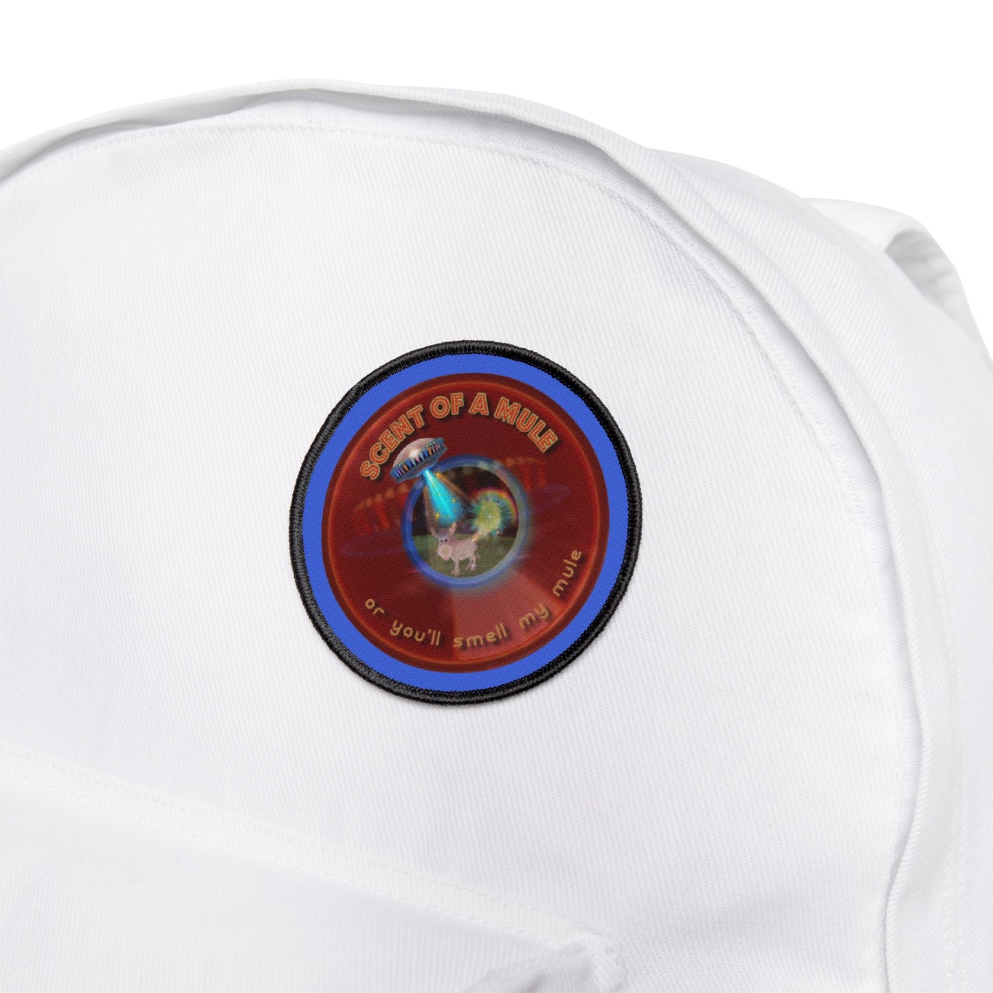 Iron-On Donut Patch - "Donut Patches? In Tomahawk County?" - vivid red donut - variant 4