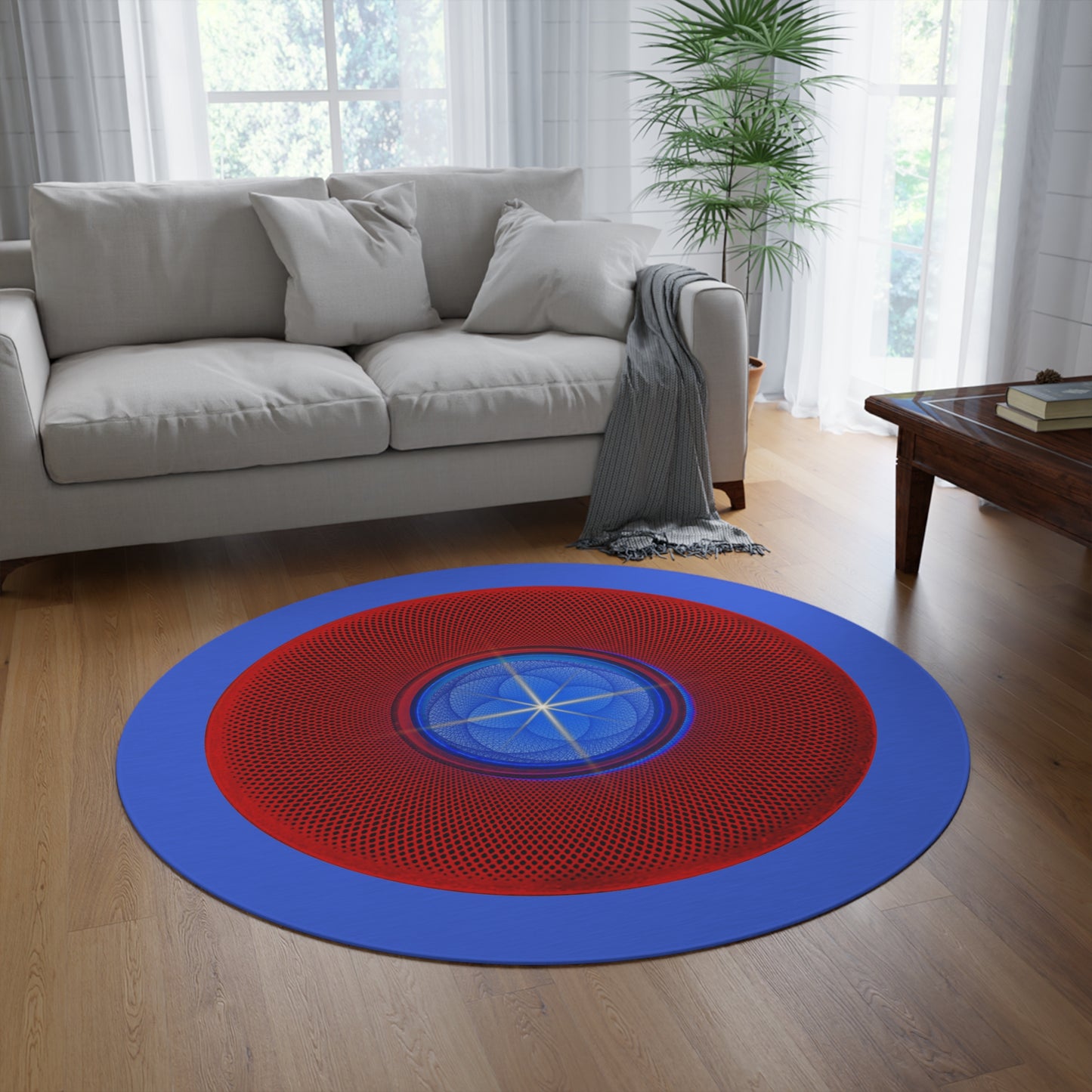 Round Room - 5 ft x 5 ft Lumpy Donut Rug - "The Geometrical Donut Rug" - red phatty donut w/royal blue background