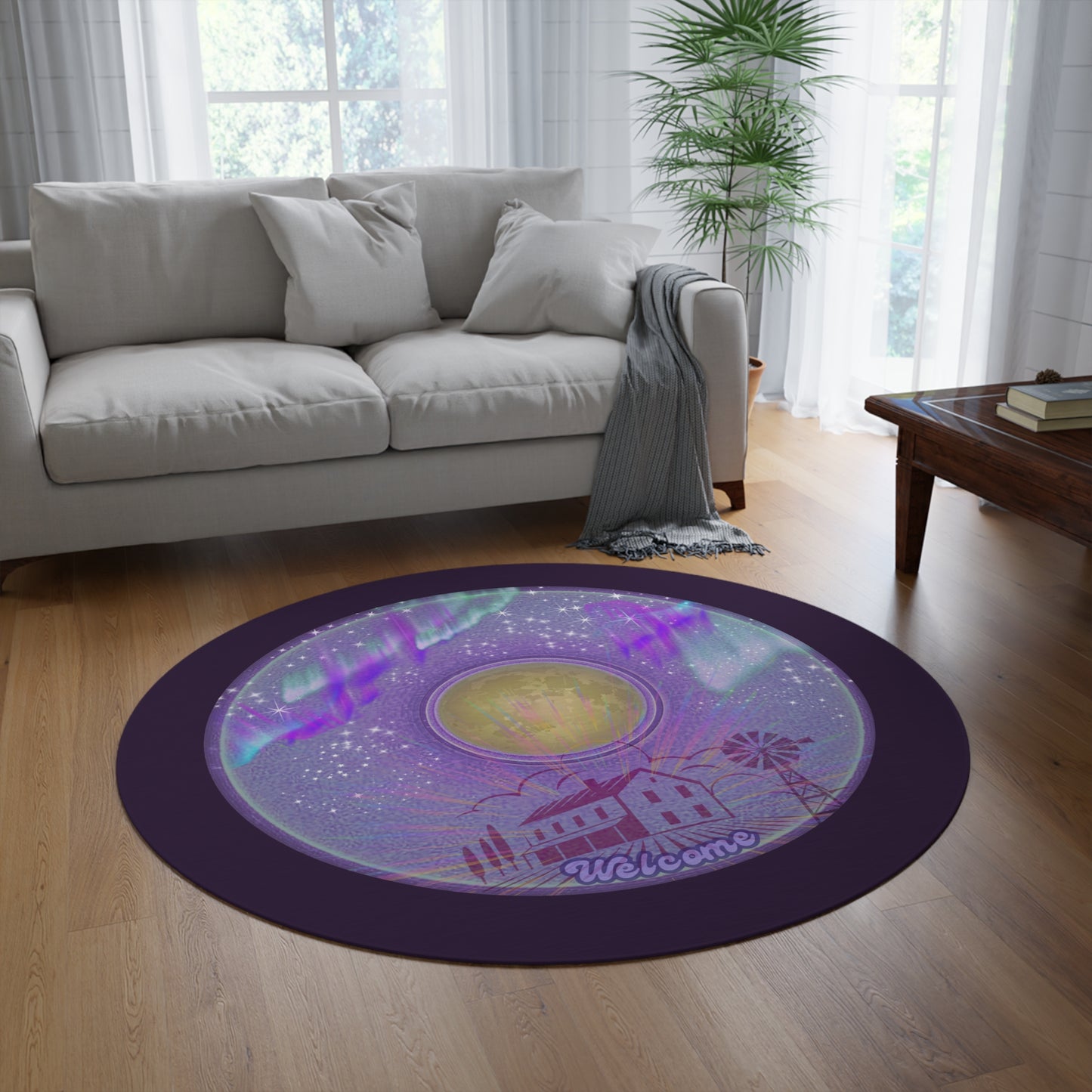 Round Room - 5 ft x 5 ft Lumpy Donut Rug - "Farmhouse Fresh Donut Rug" - vivid purple donut w/midnight purple background
