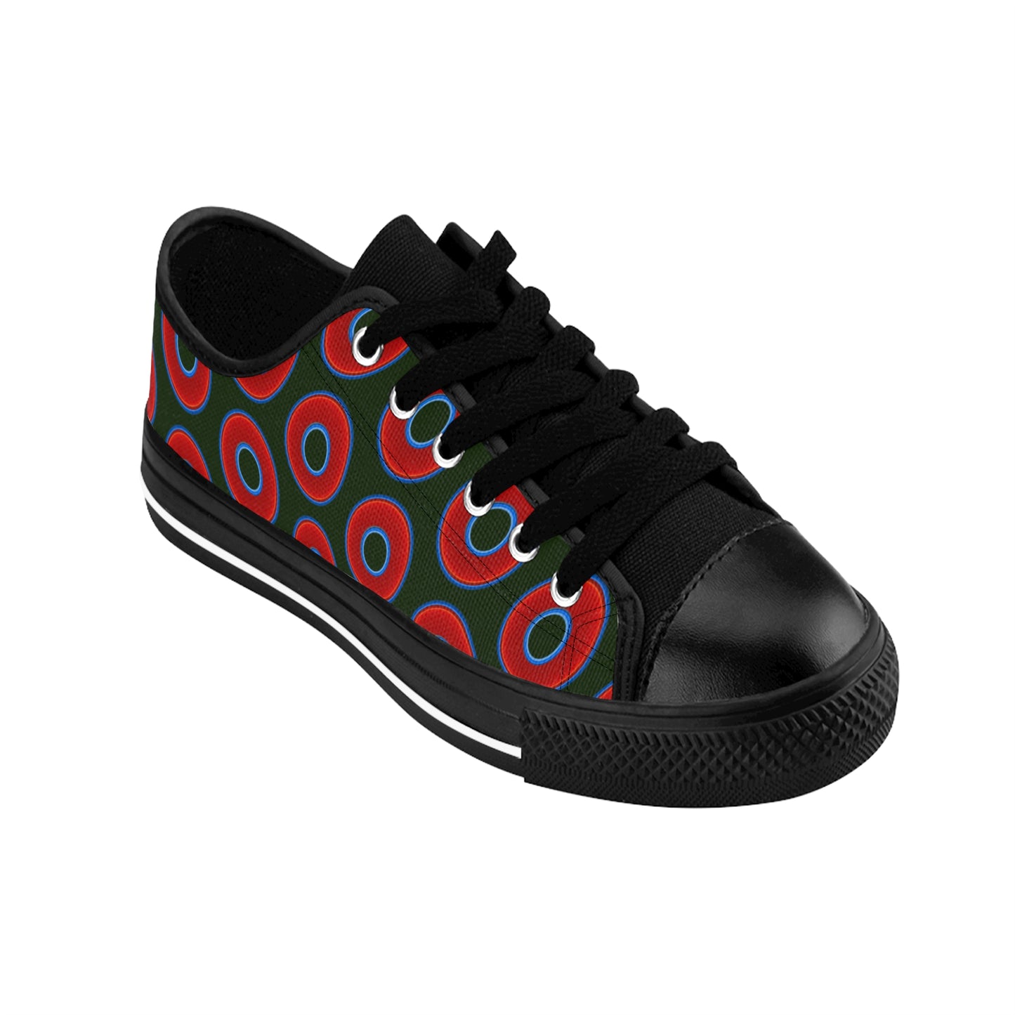 Men's Cushiony Convectors - Low Top - large red vivid donut print w/deep forest green background