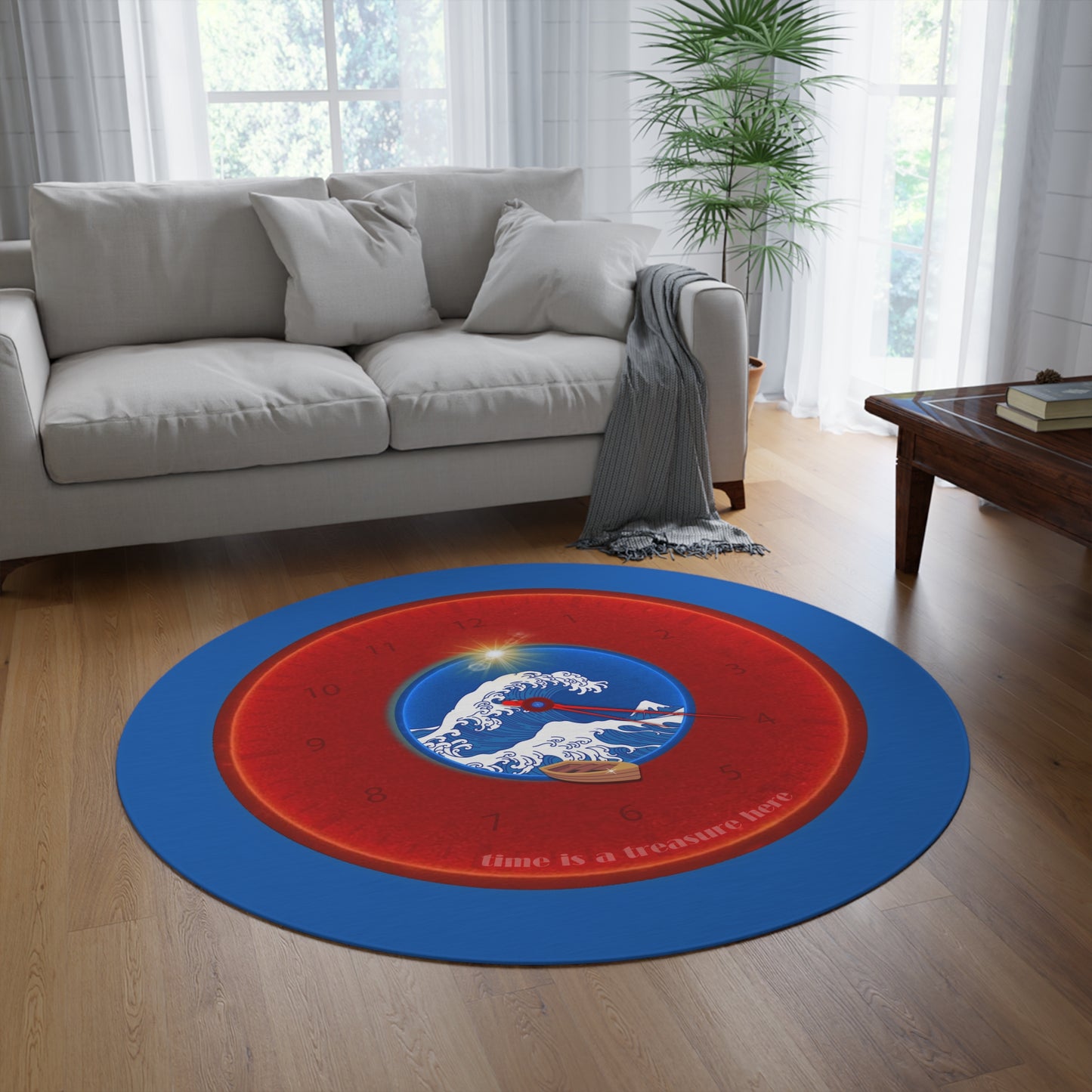 Round Room - 5 ft x 5 ft Lumpy Donut Rug - "The Donut Rug so Wide" - vivid red donut w/dark royal blue background - variant 1
