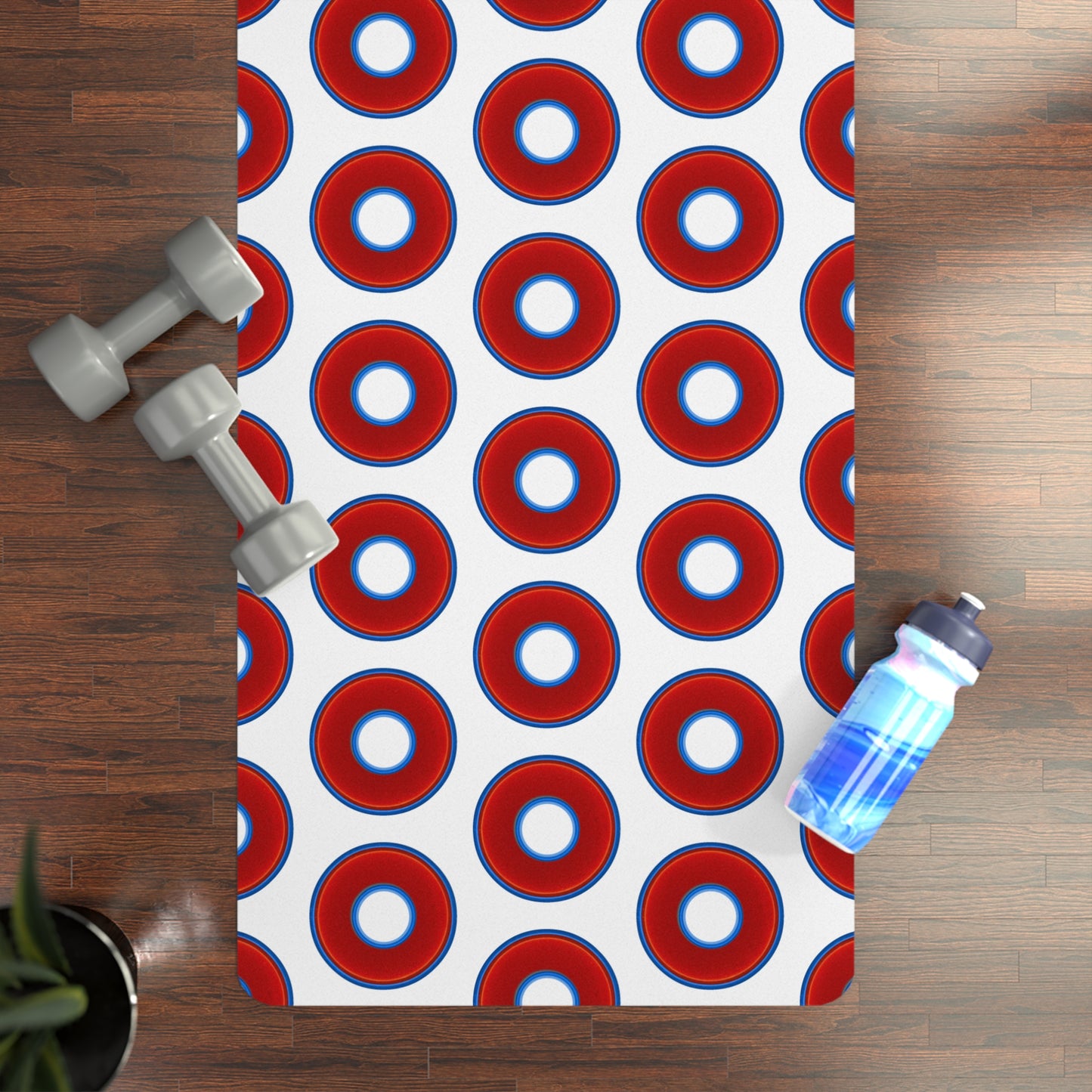 Lumpy Donut Yoga Mat :) - 24″ x 70" - vivid red donut print w/white background
