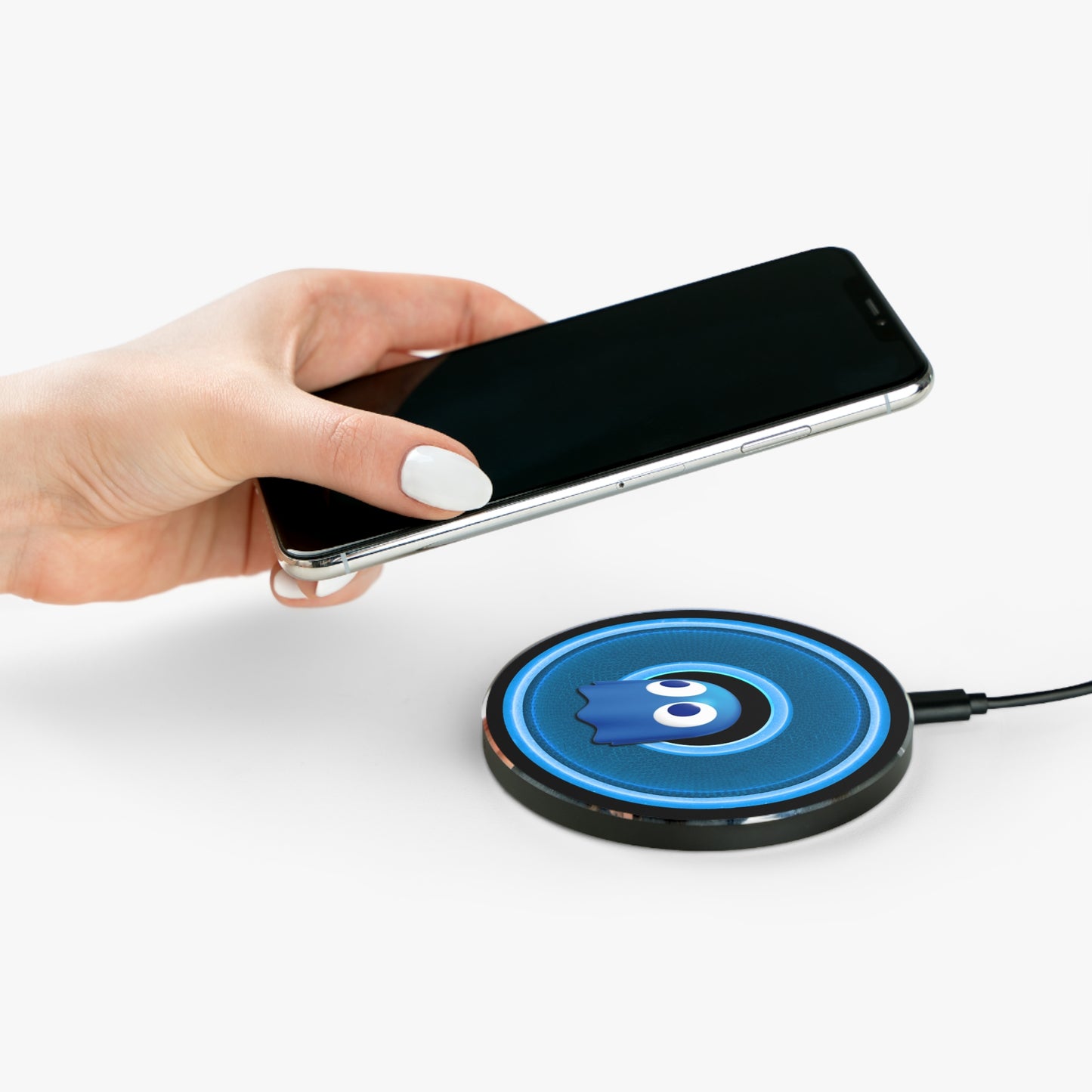 The Flow - Wireless Lumpy Donut Chargers - "Story of the Wireless Donut Charger" - rustic blue donut w/black background - variant 2