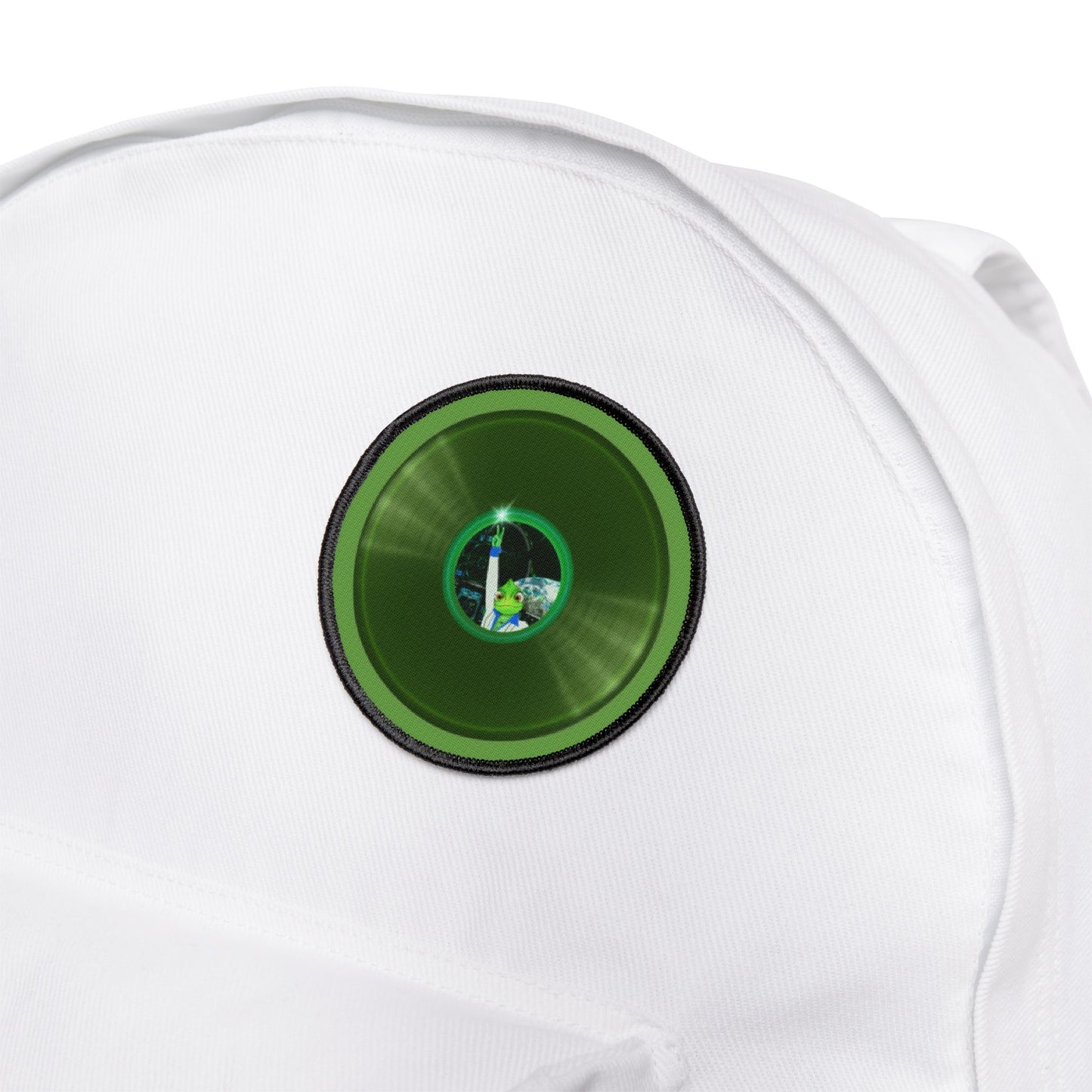 Iron-On Donut Patch - "Rutherford's Stayin' Alive Donut Patch" - vivid green record donut - variant 2