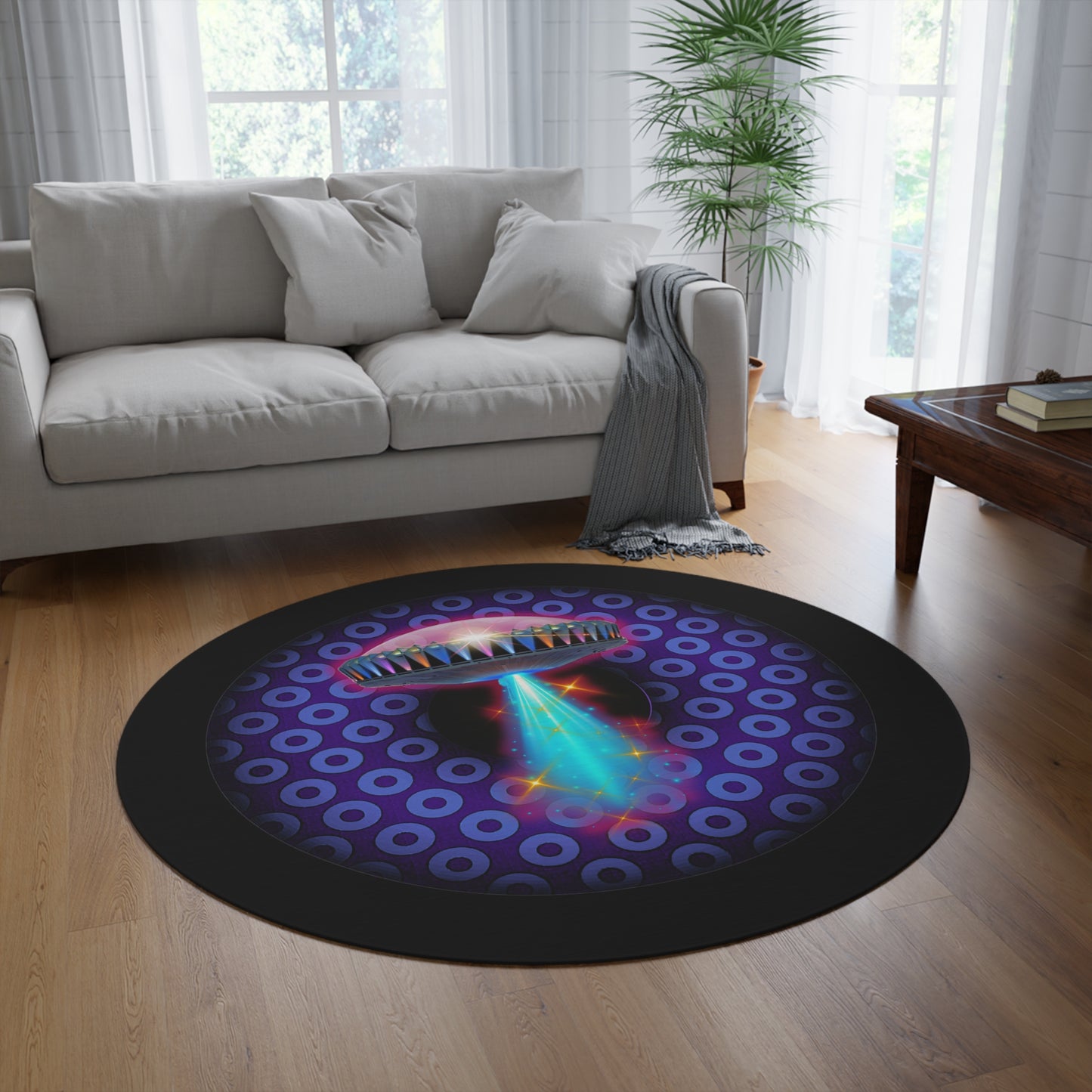 Round Room - 5 ft x 5 ft Lumpy Donut Rug - "They Have Donut Rugs On The Mothership Now" - paradoxical purple/light blue donut w/black background - variant 4