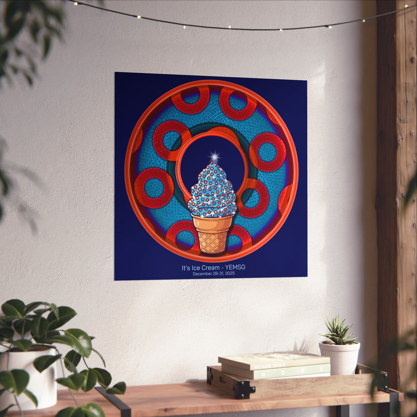 Lumpy Poster Nuts - "It's Ice Cream - YEMSG Soft Serve" - 24" x 24" 220gsm Giclée/matte - rustic blue/red donut on dark blue background