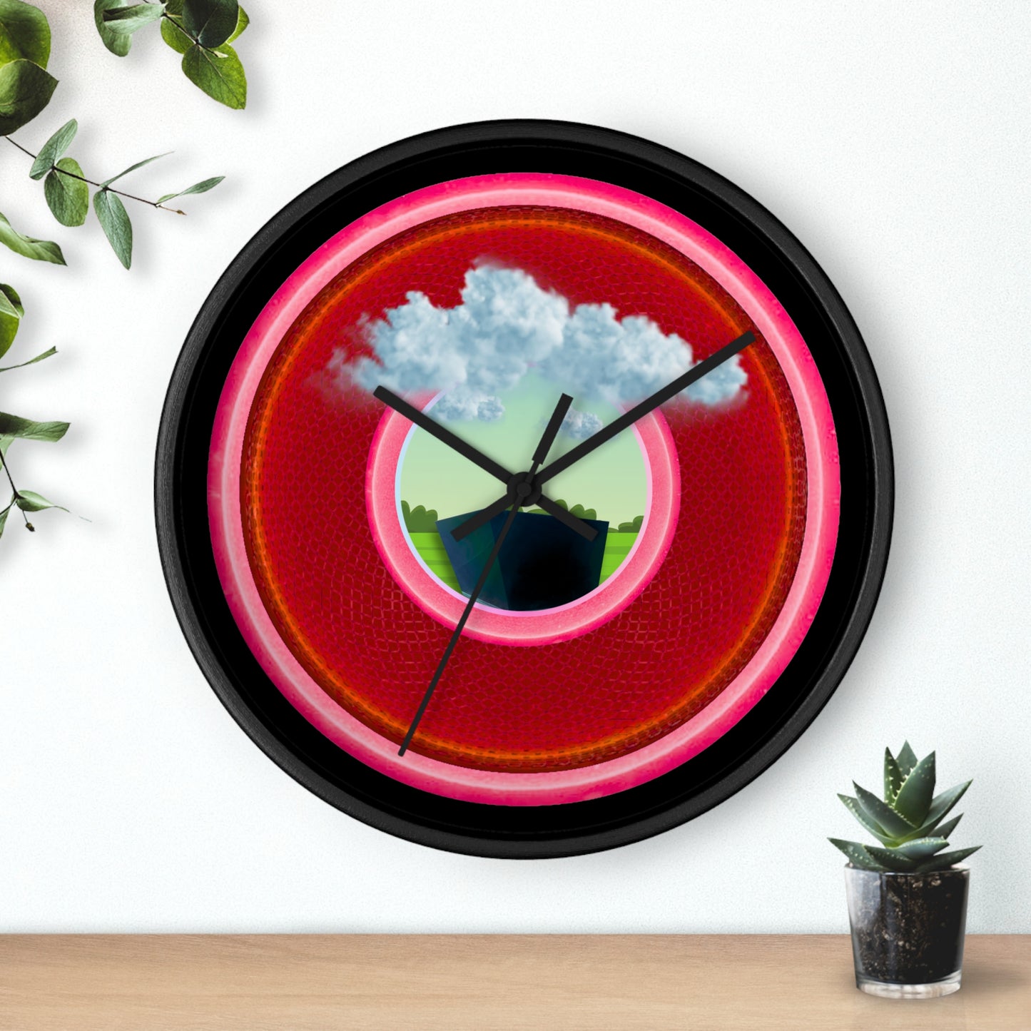 Lumpy Wall Clock - "Got Rhombus?" - variant 2 - red/pink rustic donut w/black background