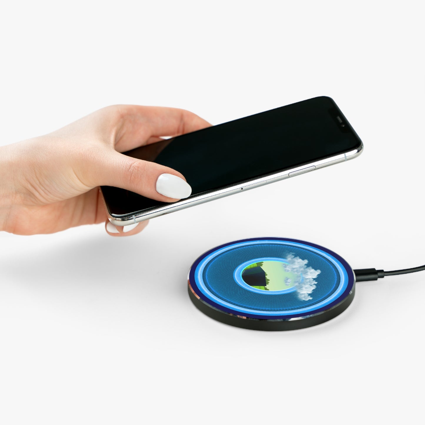The Flow - Wireless Lumpy Donut Chargers - "Got Rhombus Wireless Charger?" - rustic light blue/blue donut w/navy background - variant 1