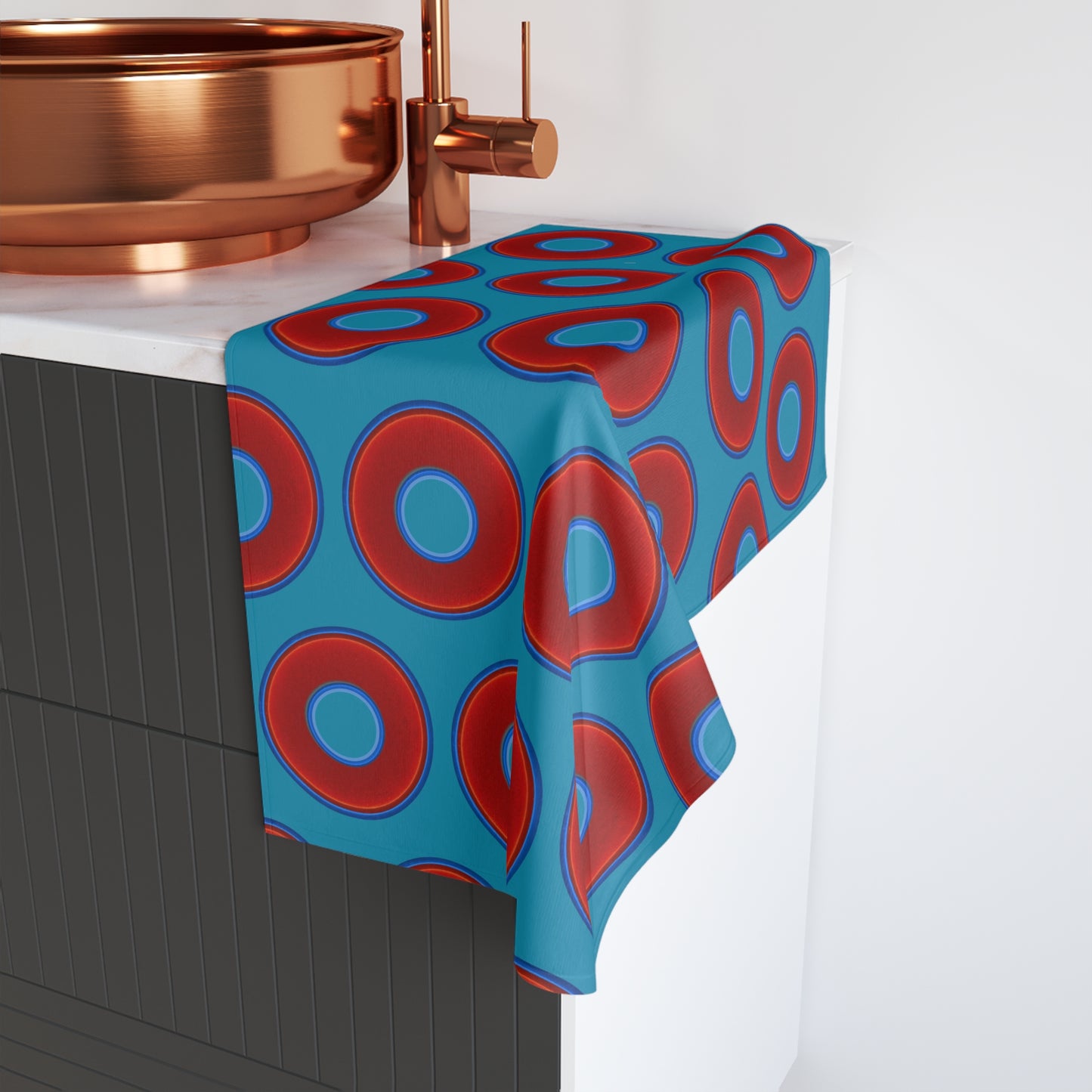 Lumpy Kitchen/Hand Towels - vivid red donuts w/aquamarine blue background
