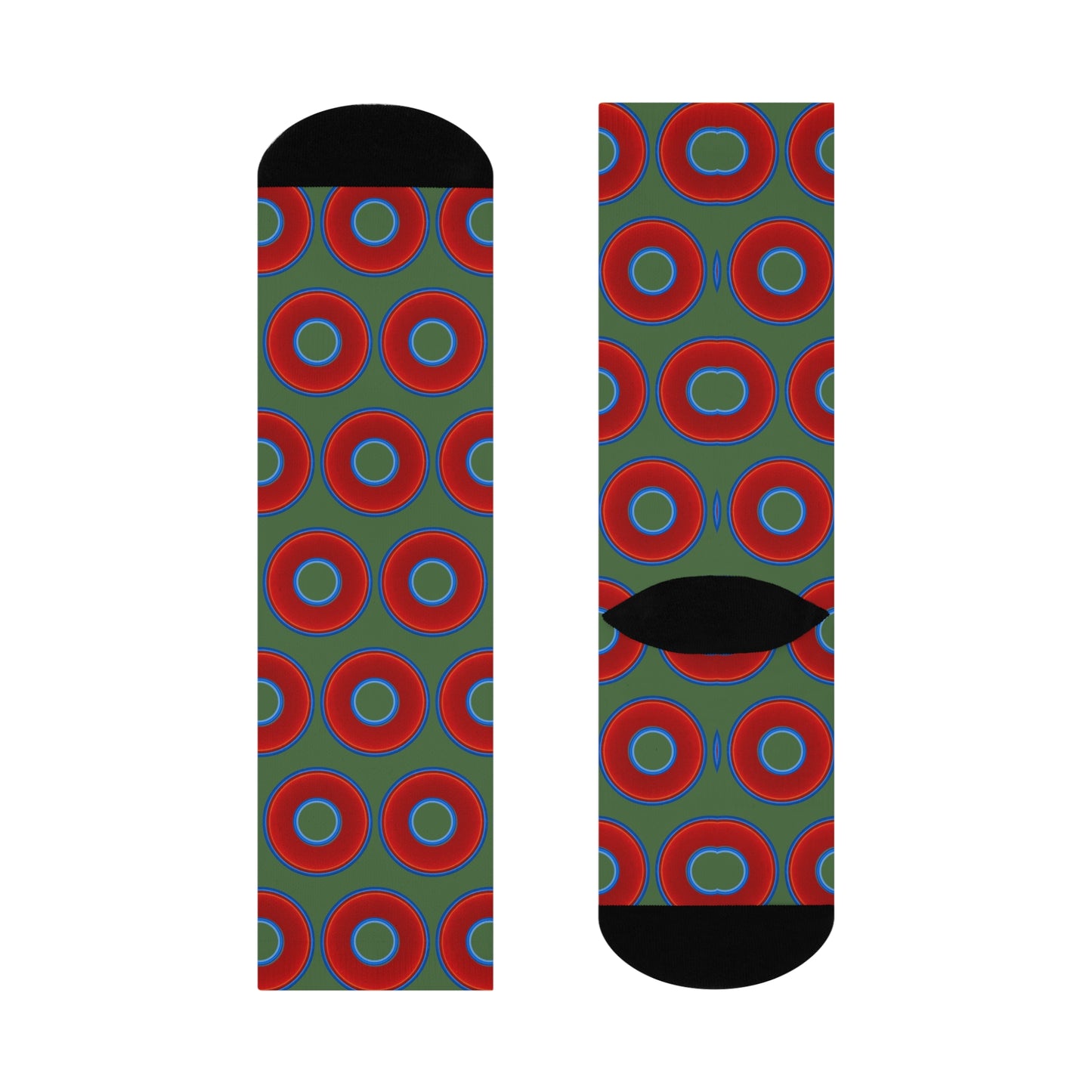 Lumpy Sox - cushioned crew - vivid red donut print w/dark green background