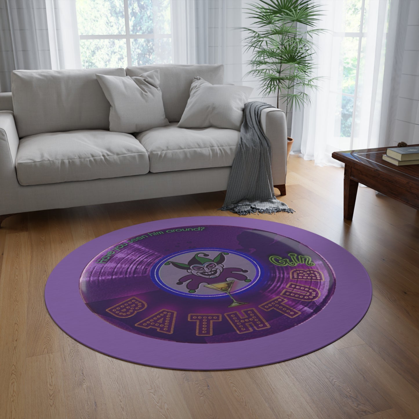 Round Room - 5 ft x 5 ft Lumpy Donut Rug - "Joker's Personal Donut Rug - Troubadour Edition" - vivid purple record donut w/light purple background - variant 2