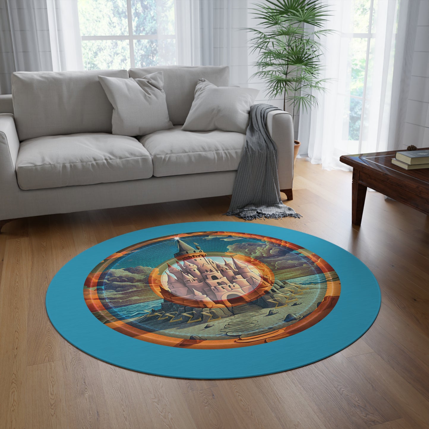 Round Room - 5 ft x 5 ft Lumpy Donut Rug - "The Donut Rug that Tides Never Reached" - vivid orange/blue pic donut w/turquoise background - variant 1
