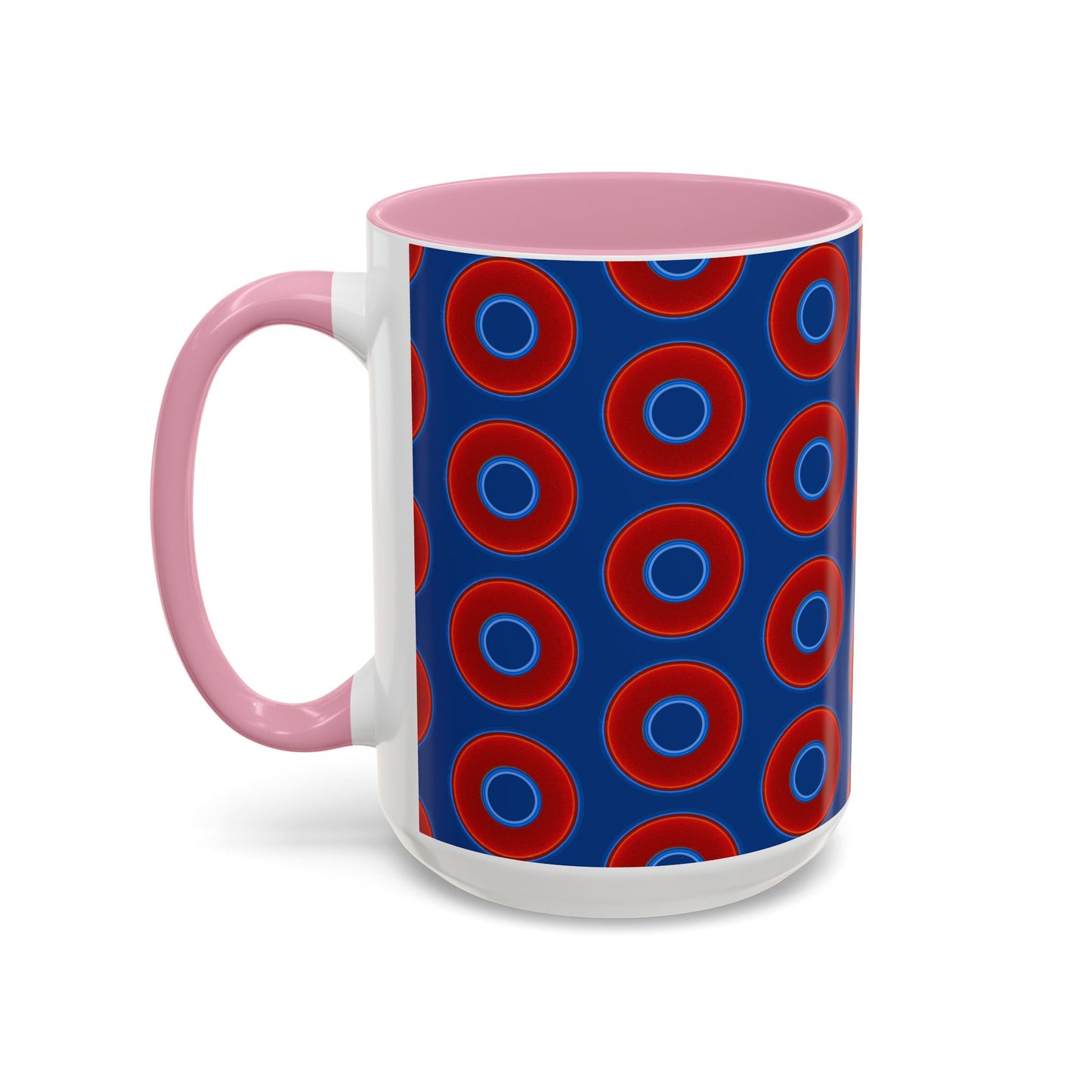 Lump's Grumpy Coffee Mug - vivid red donuts w/dark blue background
