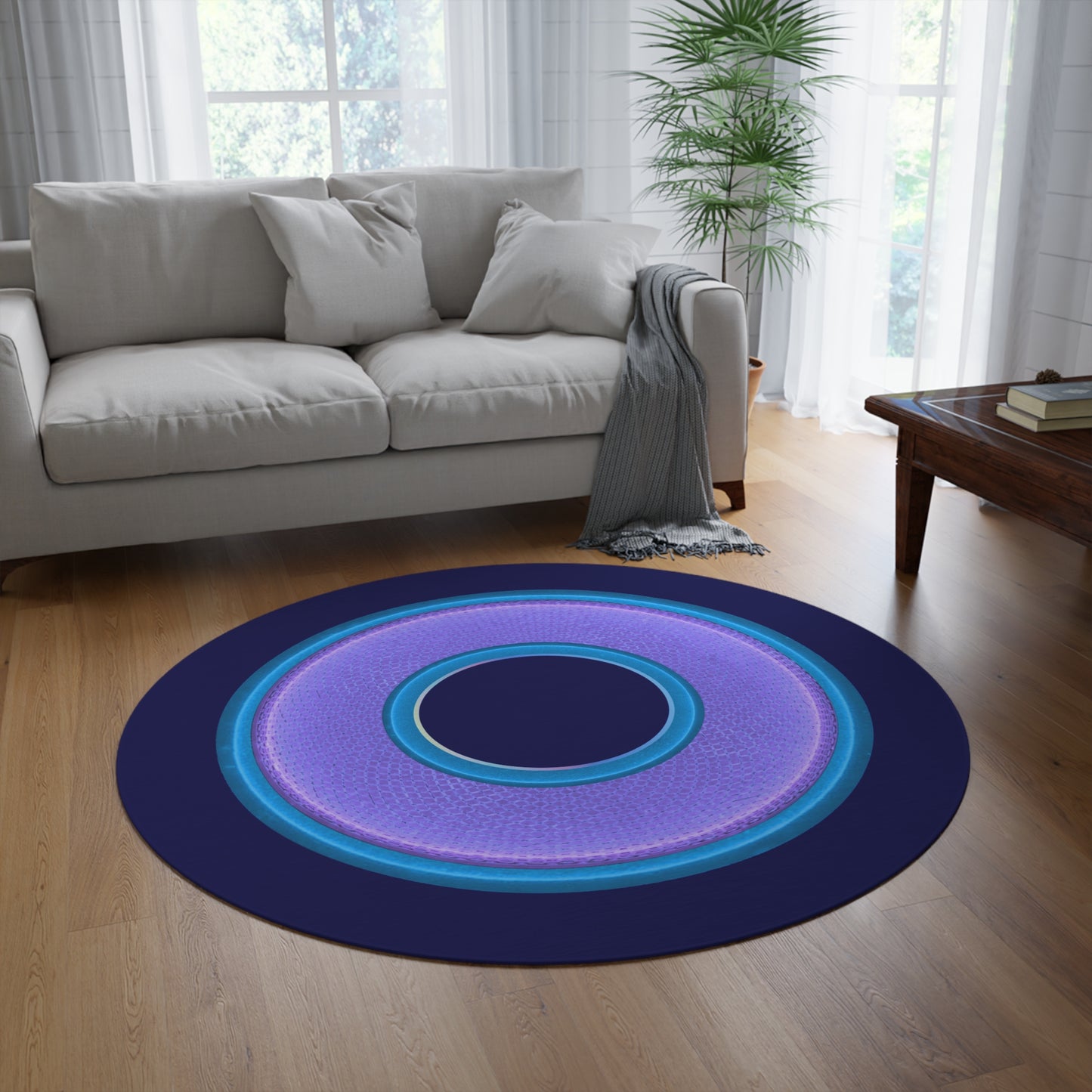 Round Room - 5 ft x 5 ft Lumpy Donut Rug - "Plain Donut" - rustic light purple/blue donut w/navy background