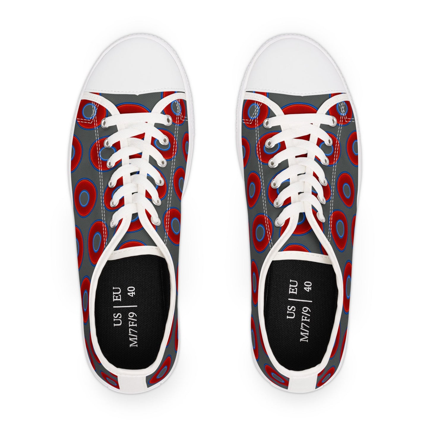 Women's - Low Top Chuck Taylors - large vivid red donut print w/dark gray background
