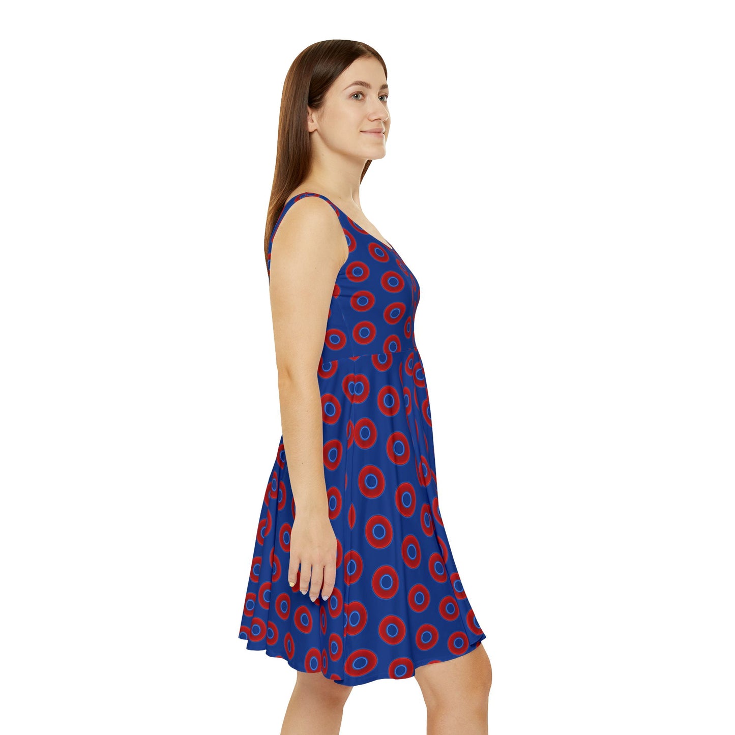 Women's Skater Donut Dress - vivid red donut print w/dark blue background