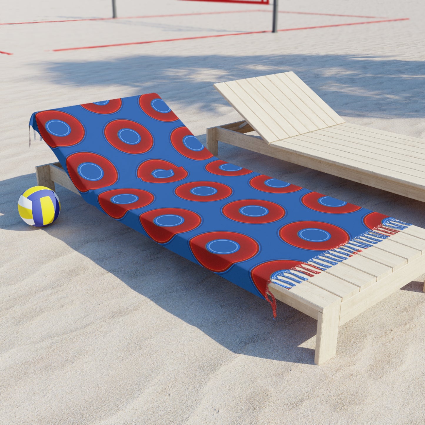 Oversized Lumpy Beach Towel - vivid red donuts w/dark royal blue background