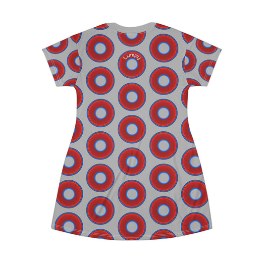 Not a Muumuu AOP Tee Shirt Dress - red vivid donuts w/lark dark gray background
