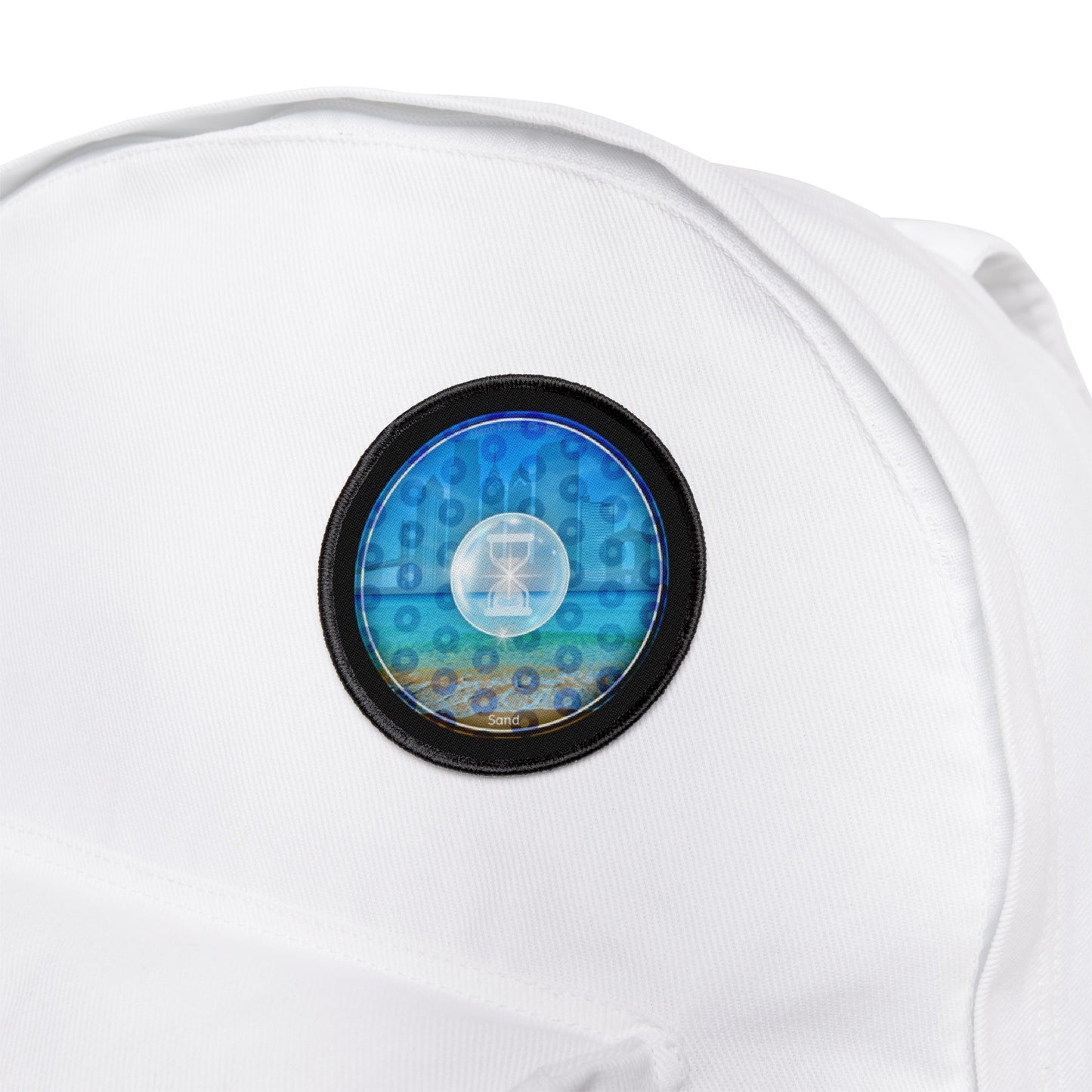 Iron-On Donut Patch - "Philly Special - Still Loading Sand" - vivid blue paradoxical pic donut - variant 1