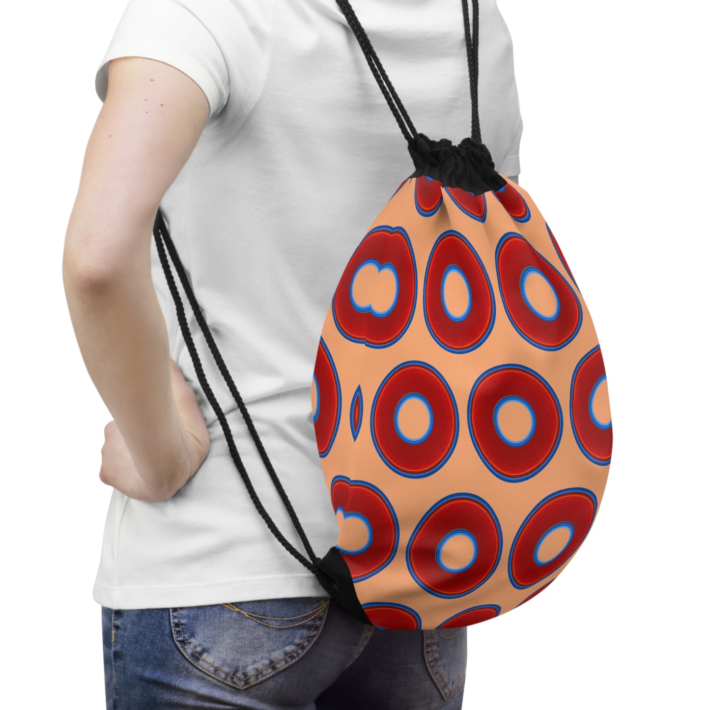 Lumpy Donut Drawstring Bag - red vivid donuts print w/peach background
