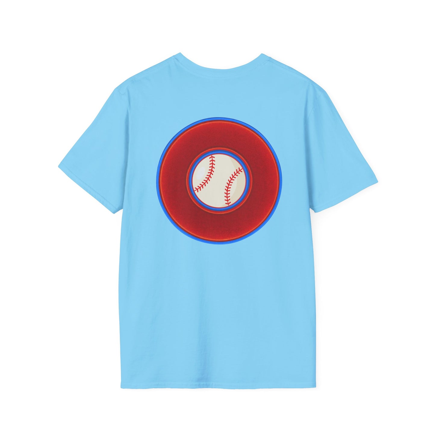 Classic Donut Tee - Unisex Soft-Style - "Phenway Ballpark Donuts" - vivid red/blue donut - variant 4