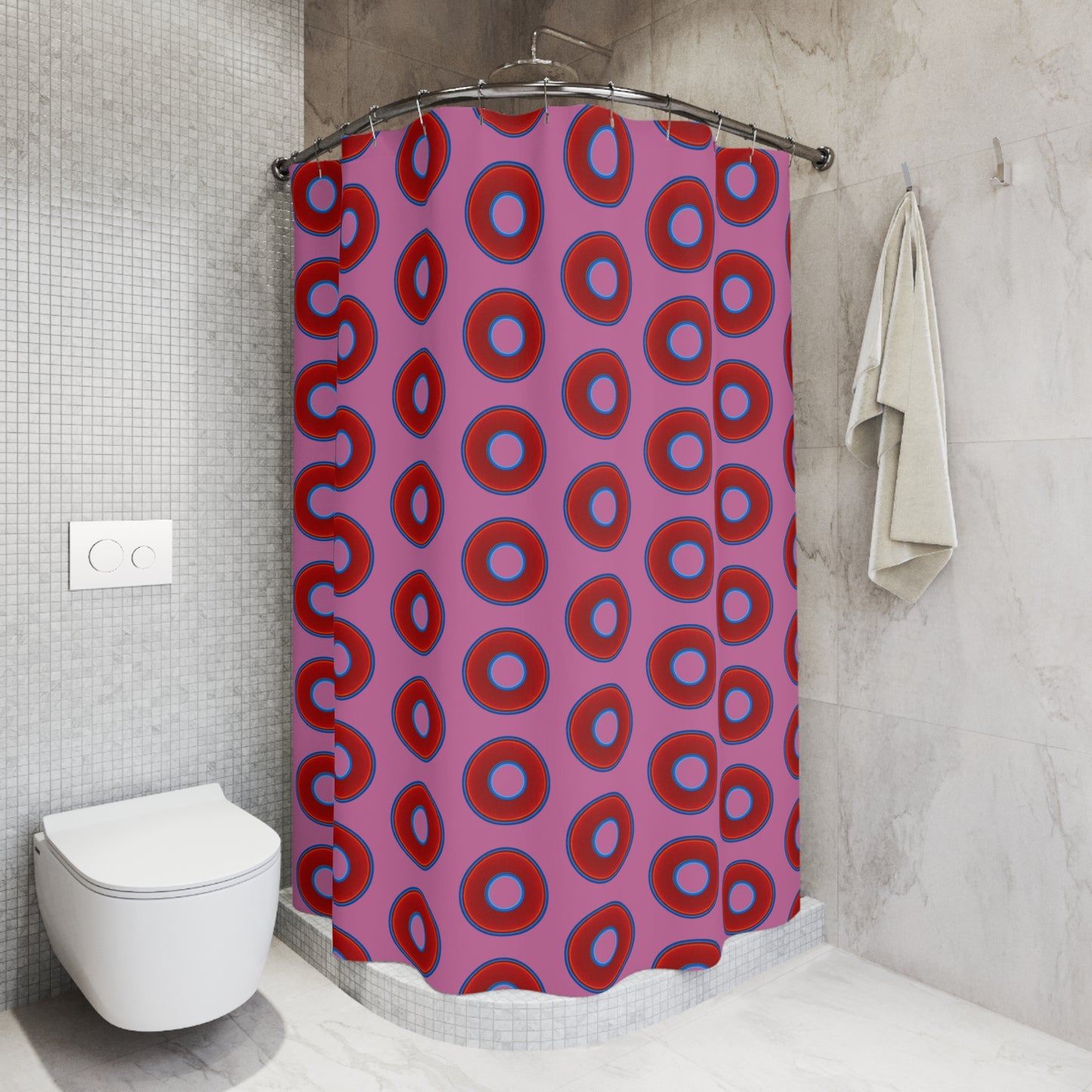 The Curtain With "Donuts" - Lumpy Bath Time Fun - vivid red donuts w/pink background