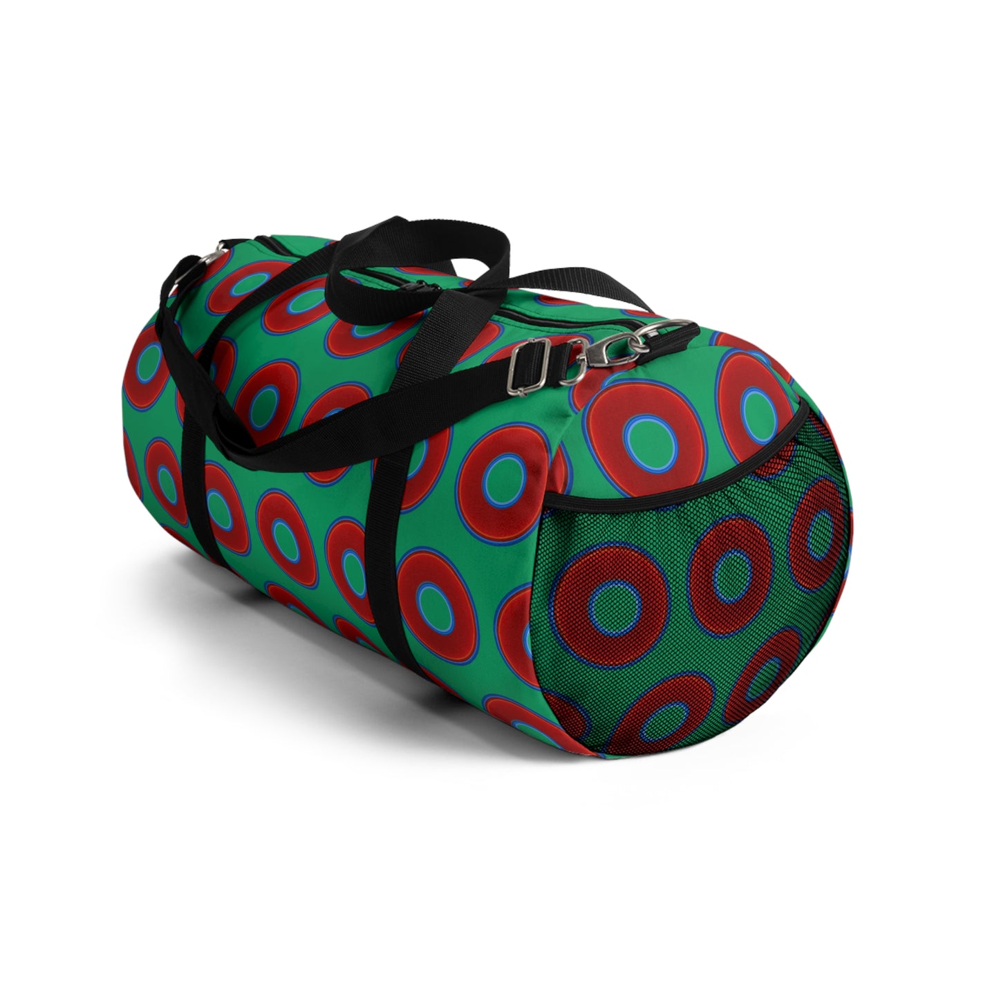 Lumpy Duffel - vivid red donuts w/jade green background