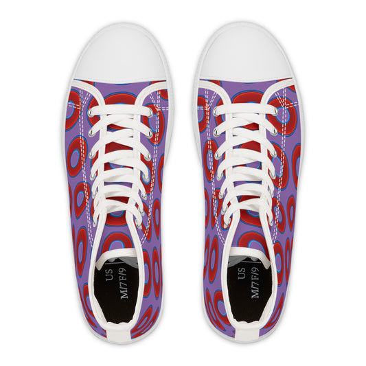 Women's High Top Chuck Taylors - large vivid red donut print w/light purple background
