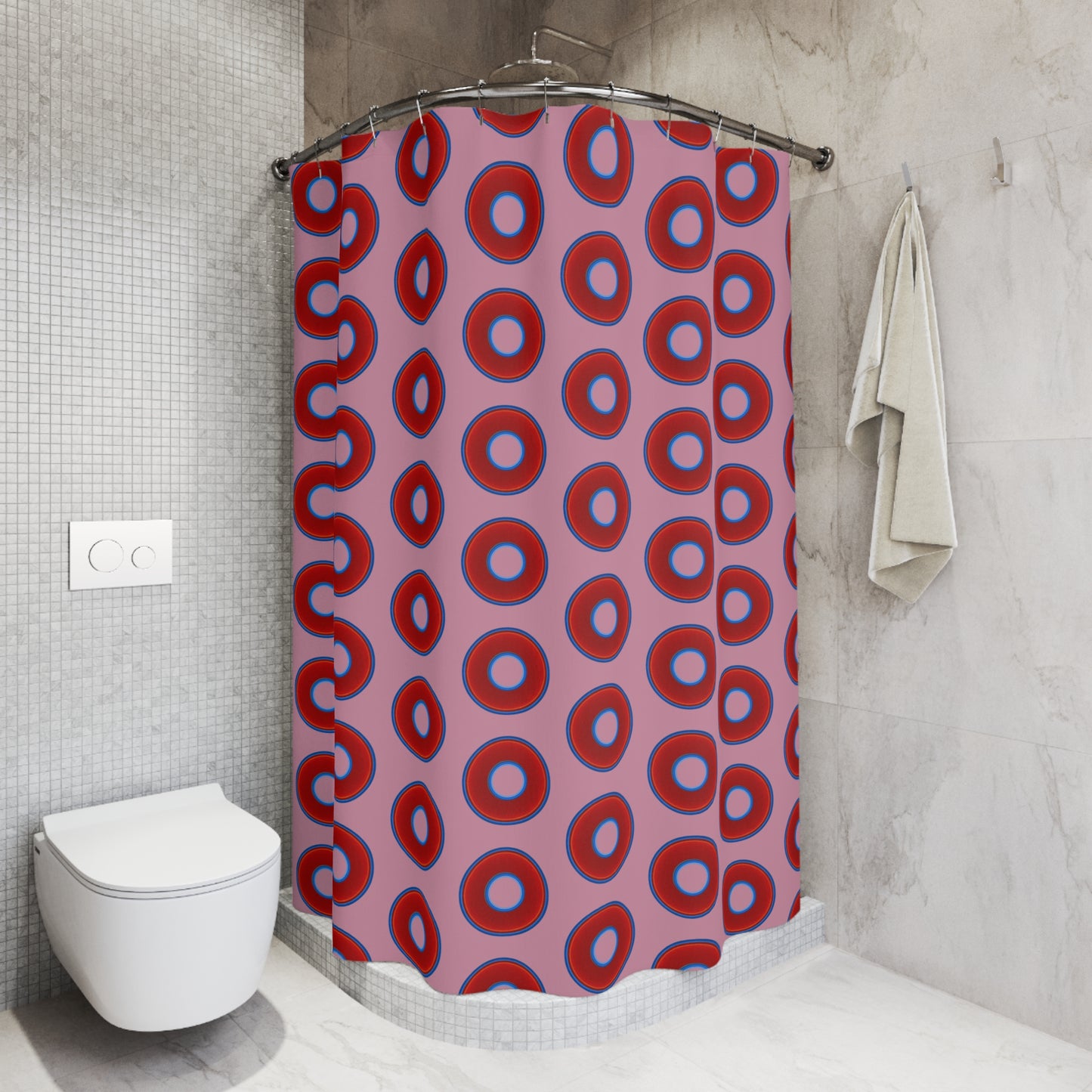 The Curtain With "Donuts" - Lumpy Bath Time Fun - vivid red donuts w/pale magenta background