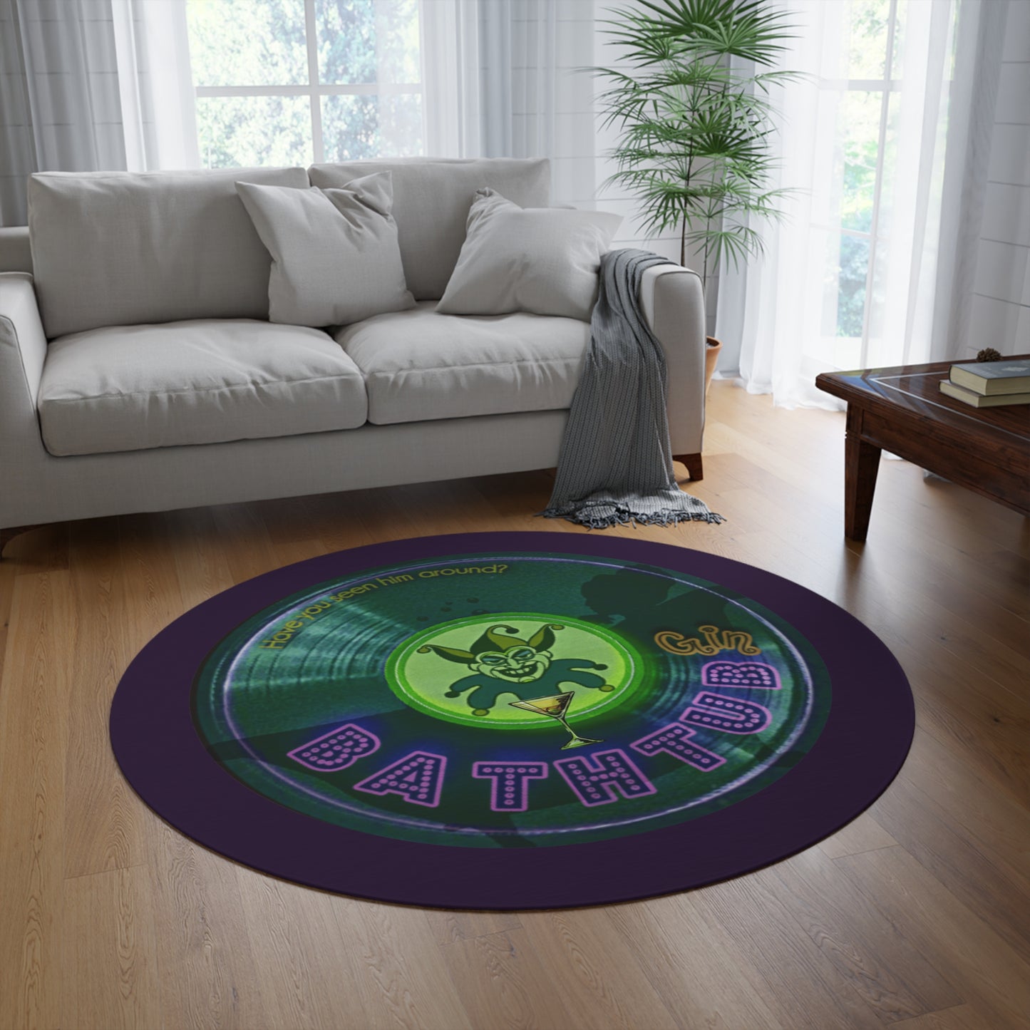 Round Room - 5 ft x 5 ft Lumpy Donut Rug - "Joker's Personal Donut Rug - Ambassador Edition" - vivid dark teal record donut w/midnight purple background - variant 3