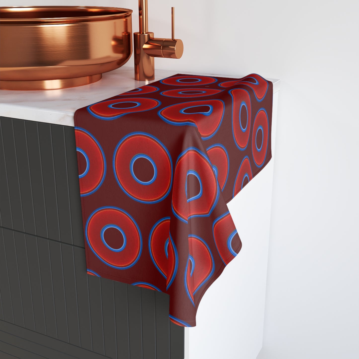 Lumpy Kitchen/Hand Towels - vivid red donuts w/dark red background