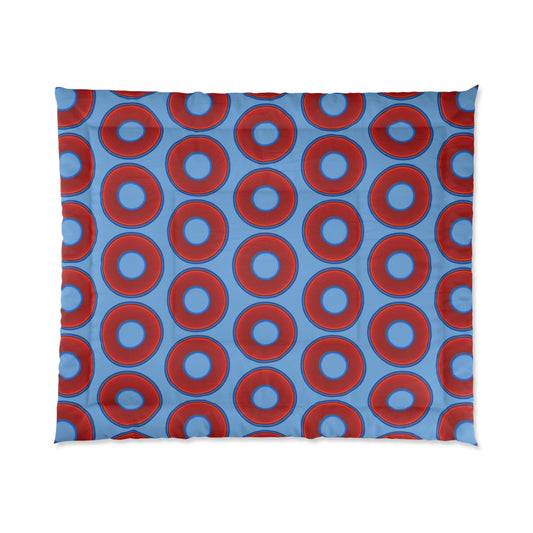 The Very Lumpy Comforter - vivid red donuts w/light blue background
