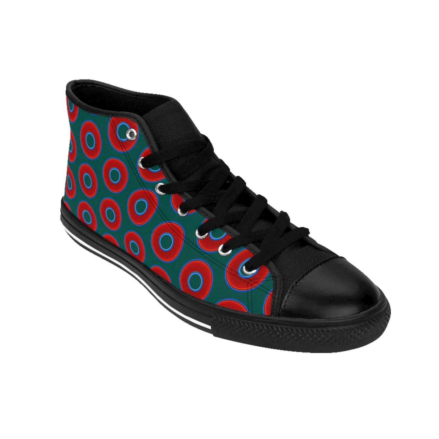 Men's Cushiony Convectors - High Tops - red vivid donuts w/dark Fenway green background